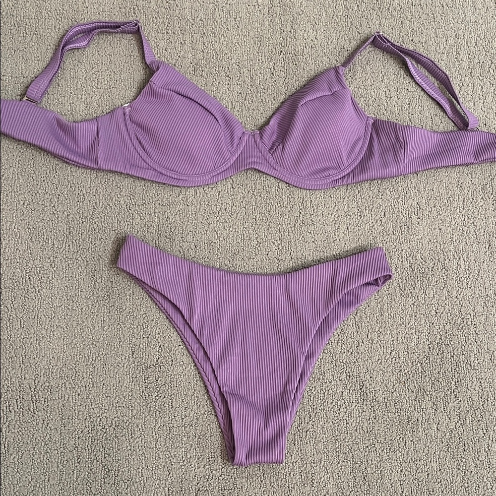 🩷 Zaful Ribbed Lilac Underwire Bikini Set - Women Swim Medium